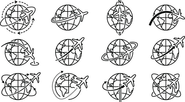 Airplane Orbiting Globe Line Icon Set with Flight Paths, Navigation Routes and International Travel Aviation Symbols for Global Transport Design