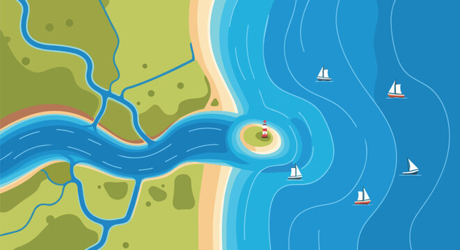 Overhead vector landscape depicting a winding river estuary flowing into an open ocean vista with a prominent lighthouse and numerous sailboats