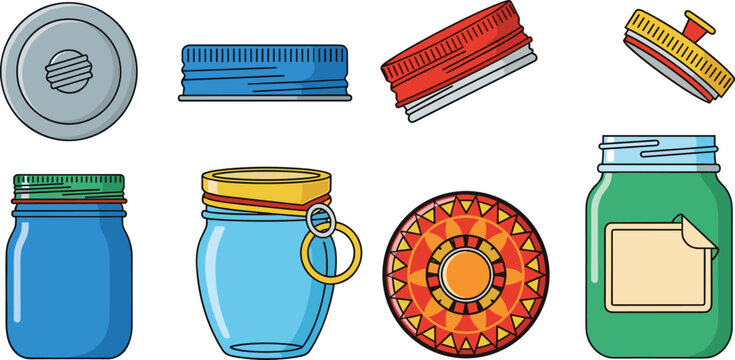 Glass Jar and Metal Lid Collection Featuring Colorful Mason Jars Preserving Containers and Decorative Bottle Caps for Kitchen Storage and Home Canning Graphics