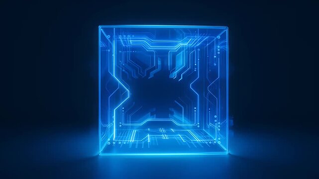 Abstract glowing blue cube with circuit board patterns, futuristic technology concept, digital data visualization, AI network