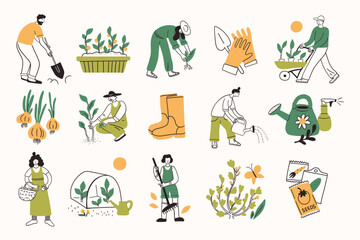 Farm agricultural workers or local farmers working in the garden, field, spring or summer illustration collection. Set of garden tools and farm or backyard equipment. Hand drawn simple ink doodle. © Anna