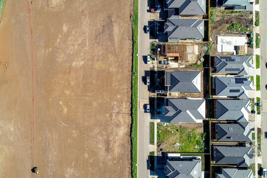 Clyde North aerial view of residential housing development and new estates, Victoria, Australia