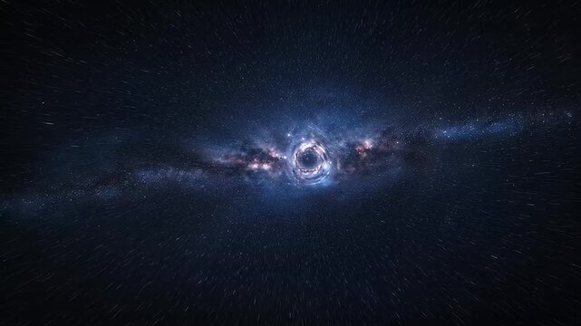 Dramatic depiction of a black hole surrounded by a vibrant, swirling galaxy