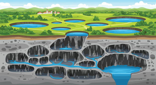 Geological cross-section of karst, featuring surface lakes, interconnected subterranean caves, rivers, stalactites, stalagmites. Illustrates natural
