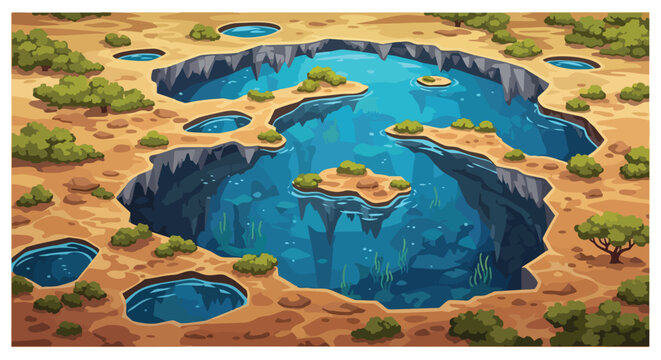 Vibrant stylized landscape with interconnected deep blue sinkholes and lush scattered vegetation.