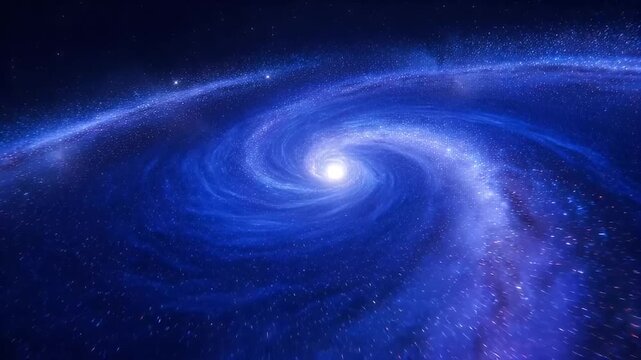 Vibrant blue spiral galaxy with bright center light shining in the darkness