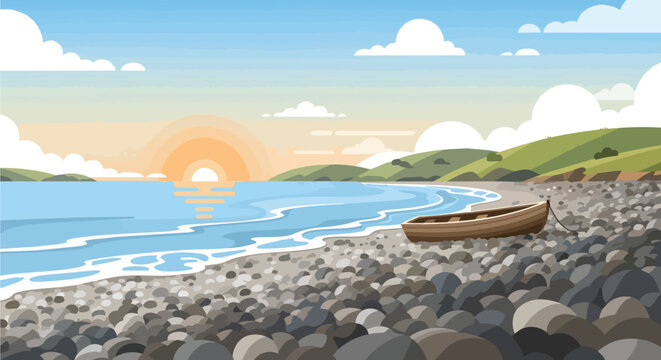A tranquil sunrise scene on a pebble beach with a lone boat, calm ocean, and green hills. The perfect peaceful morning moment captured beautifully,