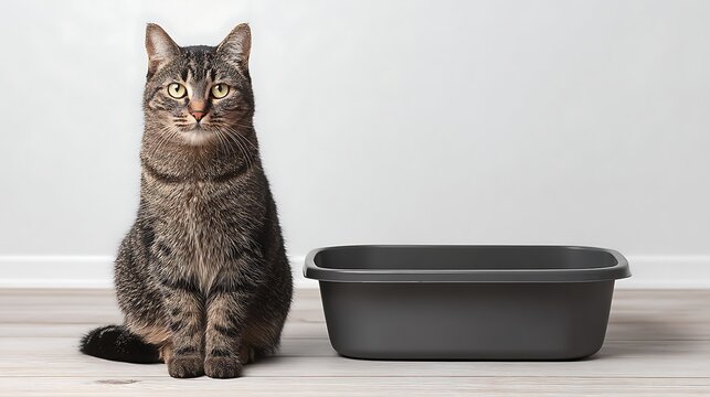 Realistic domestic cat sitting in a clean litter box positioned to one side
