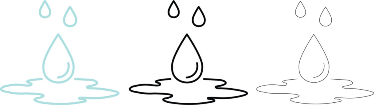 Three styles of water drops falling into puddles falling water