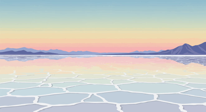 A captivating vector illustration depicting the vast, reflective expanse of a salt flat or tranquil frozen lake at sunset, with distant mountains