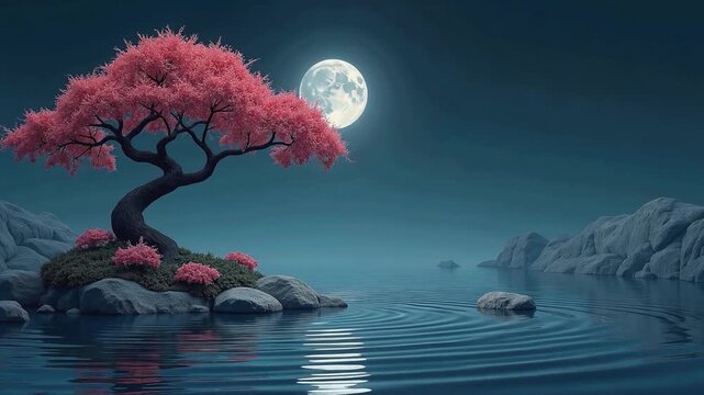 Floating Bonsai Sanctuary &ndash; Curved Sakura Bonsai Silhouette with Full Moon Behind and Expanding Zen Water Ripple Night Meditation Loop