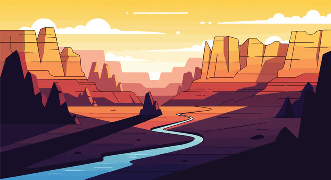 Stylized canyon panorama at golden hour, a winding river carves through colossal rock formations under a gradient sky, capturing serene desert