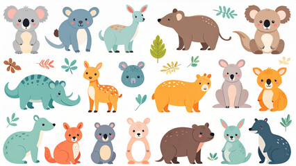 Fototapeta premium Cute Australian Animals Vector Set with Names – Koala, Kangaroo & More