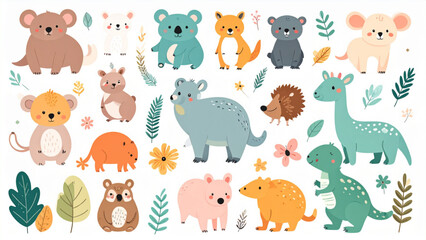 Obraz premium Cute Australian Animals Vector Set with Names – Koala, Kangaroo & More