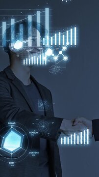 AIデータ分析やテクノロジーの力で成功するビジネス提携と成長の握手シーンの縦動画　モーショングラフィック付き　ベンチャーや新規事業イメージ