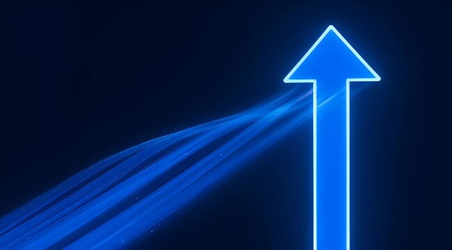 Illuminated blue upward arrow with dynamic flowing energy on dark background