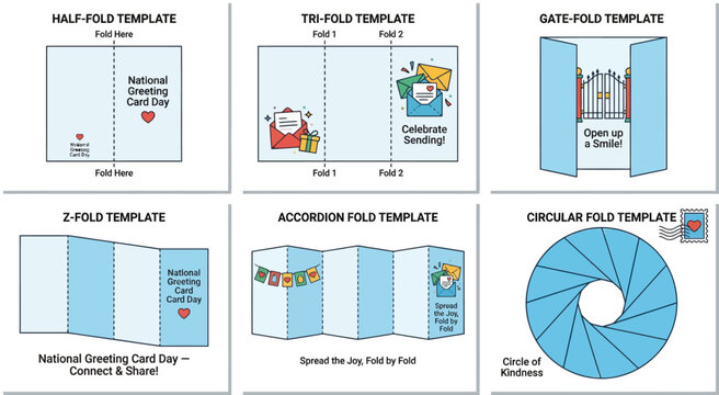 Six different paper folding templates show ways to construct greeting cards, including half fold, tri fold, gate fold, two fold, accordion fold, and circular aperture designs.
