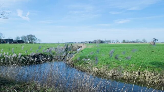 Scenic dutch polder landscape with a winding canal