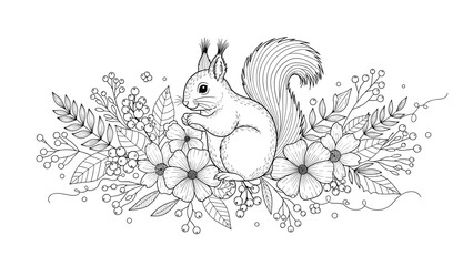Fototapeta premium Beautiful black and white line drawing of a cute squirrel sitting among a lush arrangement of garden flowers and leaves.