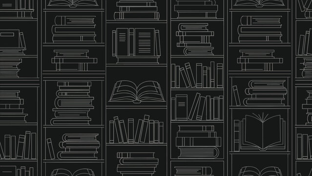 Seamless pattern of bookshelves filled with numerous books of various sizes rendered in white outlines on a black background.