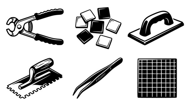 Vector graphic illustration of tile installation tools and materials