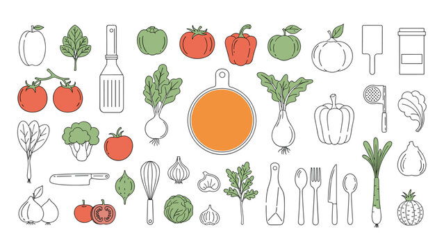 Comprehensive set of kitchen icons including vegetables, fruits, and cooking utensils like knives, whisks, and cutting boards.
