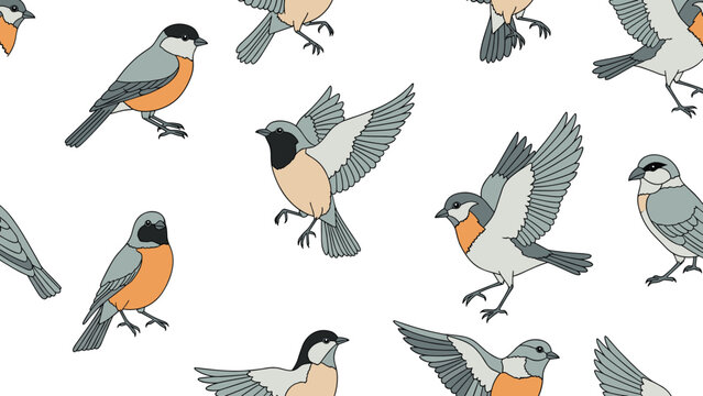 Seamless repeating pattern of small birds like tits in various flying and sitting positions with colorful feathers.