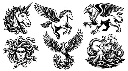 Obraz premium Mythical creatures in a black and white vector illustration