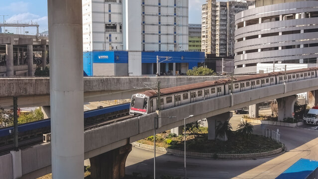 Lai King MTR Train Travels Along Elevated Railway Feb 16 2026