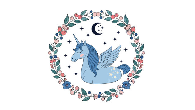 Whimsical blue winged unicorn is gracefully framed by a circular wreath of flowers and leaves under a crescent moon and twinkling stars.