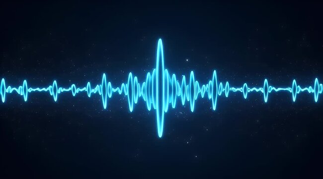 Vibrant blue waveform visualization against a starry, deep blue cosmos background