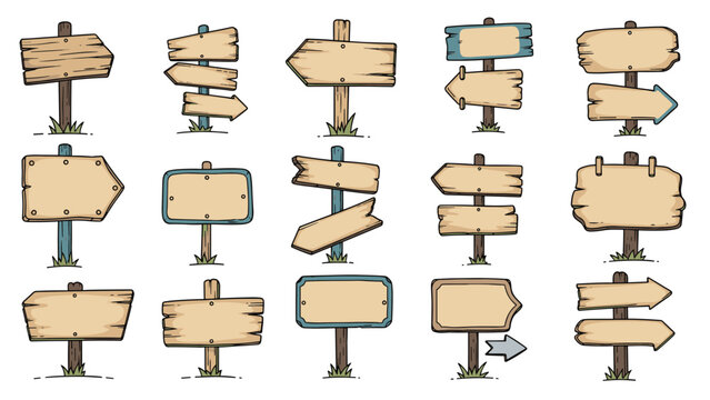 Collection of hand drawn wooden signs and directional pointers for trails parks and outdoor rustic themed designs.