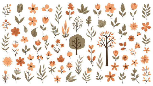 Extensive collection of autumn leaves, flowers, trees, and berries in a warm earthy color palette for seasonal design.