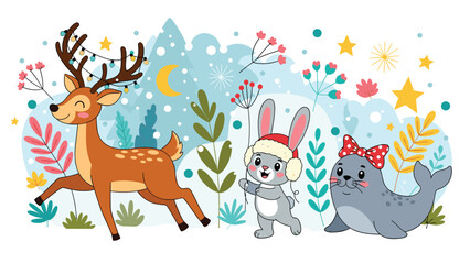 Naklejka premium Cute forest animals like deer rabbit and seal wearing winter hats and bows in a magical snowy landscape with stars and plants.