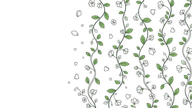 Delicate green vines with small white flowers and hearts growing vertically on a white background for elegant nature wallpaper.