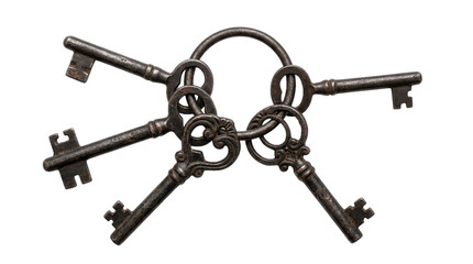 Obraz premium Antique Skeleton Keys on a Metal Ring, Vintage Dark Iron Key Collection for Security, Access, and Mystery Concepts isolated PNG with Transparent Background