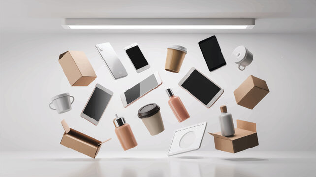Assortment of flying objects including phones, coffee cups, boxes, and bottles in a bright, minimalist studio, white background