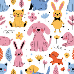 Obraz premium seamless pattern, cute cartoon animals, kittens, puppies, bunnies, pastel colors, flat vector, white background, children fabric print, stationery