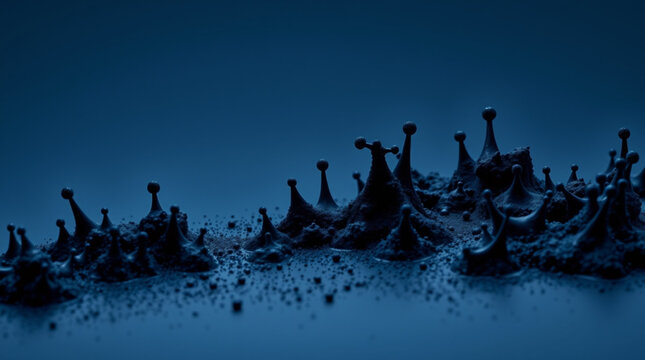 A surreal abstract microscopic landscape with sharp spiky formations resembling towers or crowns, covered in tiny partic