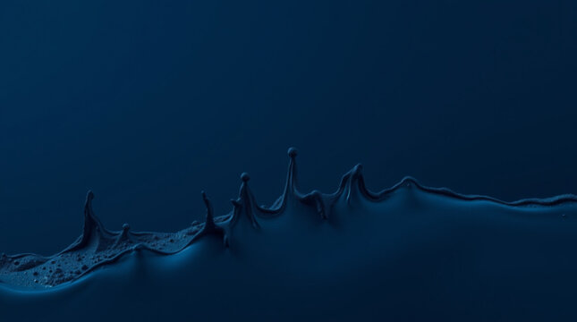 Deep blue liquid surface forms a dynamic crown splash with sharp upward jets, tiny bubbles at edges, highlighted by ligh