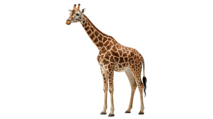Obraz premium Full body shot of a majestic adult giraffe with distinctive brown and tan spotted fur, standing tall and elegant, perfect for wildlife and nature themes isolated PNG with Transparent Background