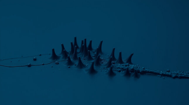 Mysterious scientific phenomenon with sharp conical protrusions rising from liquid surface, resembling electrostatic dis