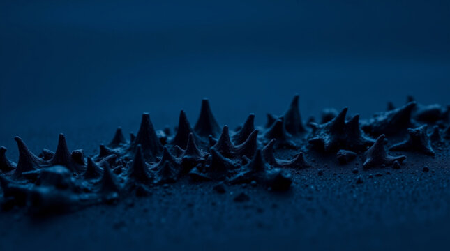 Mysterious dark blue tones with sharp black conical protrusions resembling thorns or mineral crystals on a rough texture