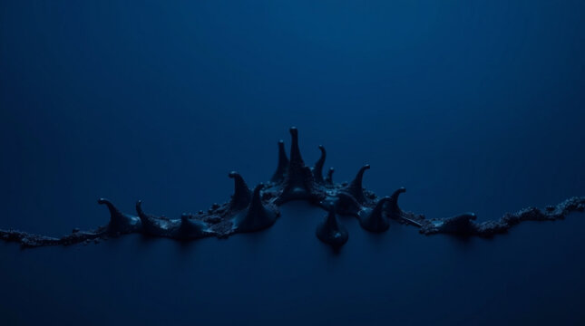A mysterious dark blue backdrop features a jagged black ridged structure resembling an alien spine or abstract mountain