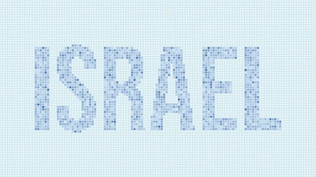 Israel dotted map animation. Digital style shape of the country. Israel shape and title dots appear with bulb flickering effect. Intro, outro, logo, title video.