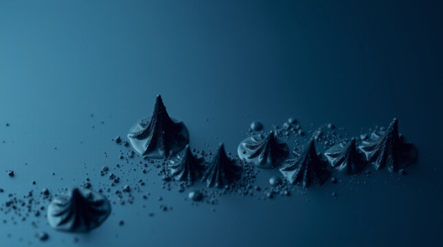 Abstract micro art with cone-shaped spirals scattered on deep blue surface resembling tiny peaks, surrounded by fine par