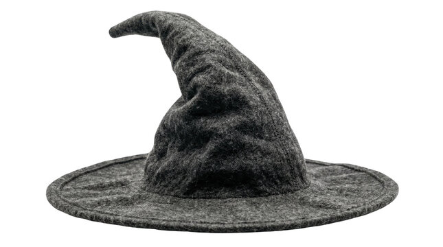 Dark gray felt witch hat with a pointed crown and wide brim, a classic Halloween costume accessory or magical prop isolated PNG with Transparent Background