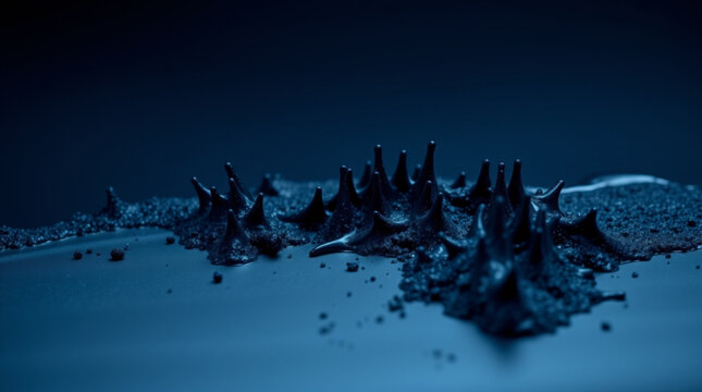 A cluster of sharp crystal-like protrusions grows from a surface, resembling thorns or coral, showcasing a sci-fi or mic