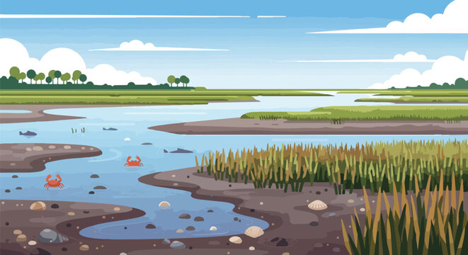 Vibrant coastal marshland ecosystem illustration with playful crabs and flowing water under a serene blue sky