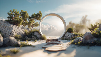 Fototapeta premium Beach entrance scene. Sunlit shoreline with plants. Sunny beach entrance amid coastal flora. Bright sandy pathway framed by dune bushes and clear sky